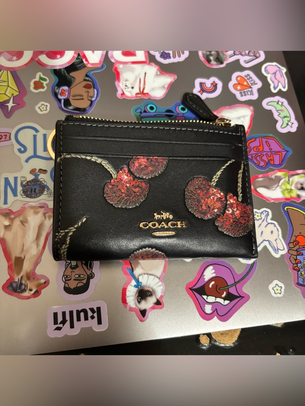 COACH Limited Edition Black Leather Cherry Card Case Wallet with Gold Key Ring